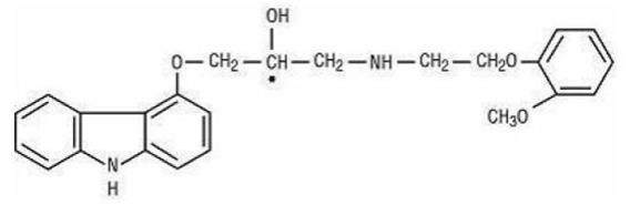 The structure formula for Carvedilol is a nonselective β-adrenergic blocking agent with α1-blocking activity. It is (±)-1-(carbazol- 4-yloxy)-3-[[2-(o-methoxyphenoxy) ethyl] amino]-2-propanol. 