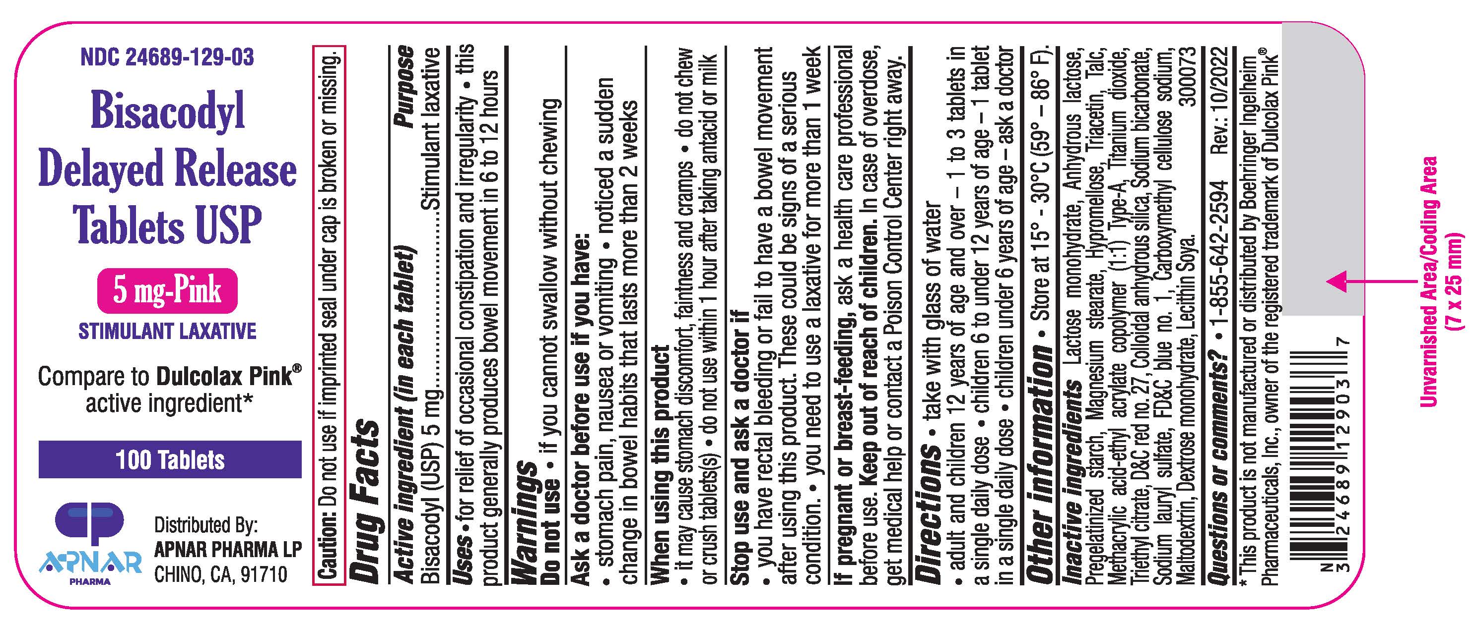 Bisacodyl DR Tablets - 5 mg -100s count label