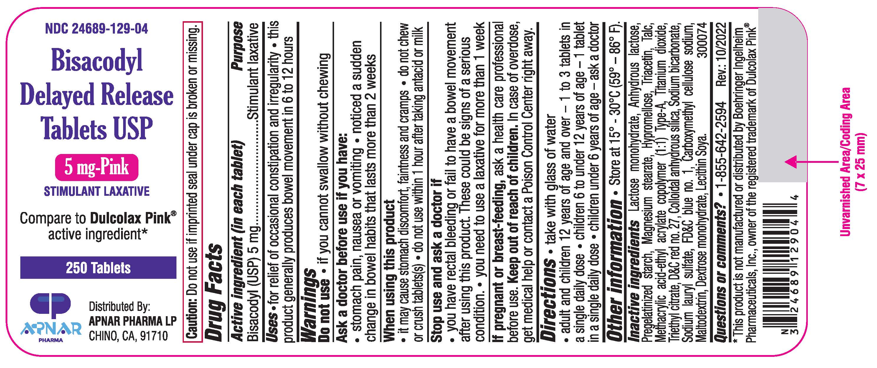 Bisacodyl DR Tablets - 5 mg -250s count label