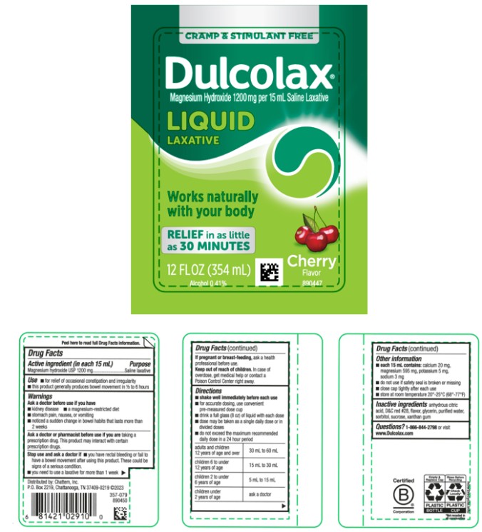 CRAMP & STIMULANT FREE 
Dulcolax 
Magnesium Hydroxide 1200 mg per 15 mL Saline Laxative
Liquid
LAXATIVE
Cherry Flavor
12 Fl Oz (354 mL)
