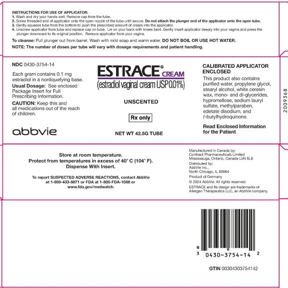 PRINCIPAL DISPLAY PANEL
NDC 0430-3754-14
ESTRACE® CREAM
(estradiol vaginal cream USP 0.01%)
Each gram contains 0.1 mg estradiol in a nonliquefying base.
Usual Dosage: See enclosed Package Insert for Full Prescribing Information.
CAUTION: Keep this and all medications out of the reach of children.
UNSCENTED
Rx only
NET WT 42.5G TUBE
