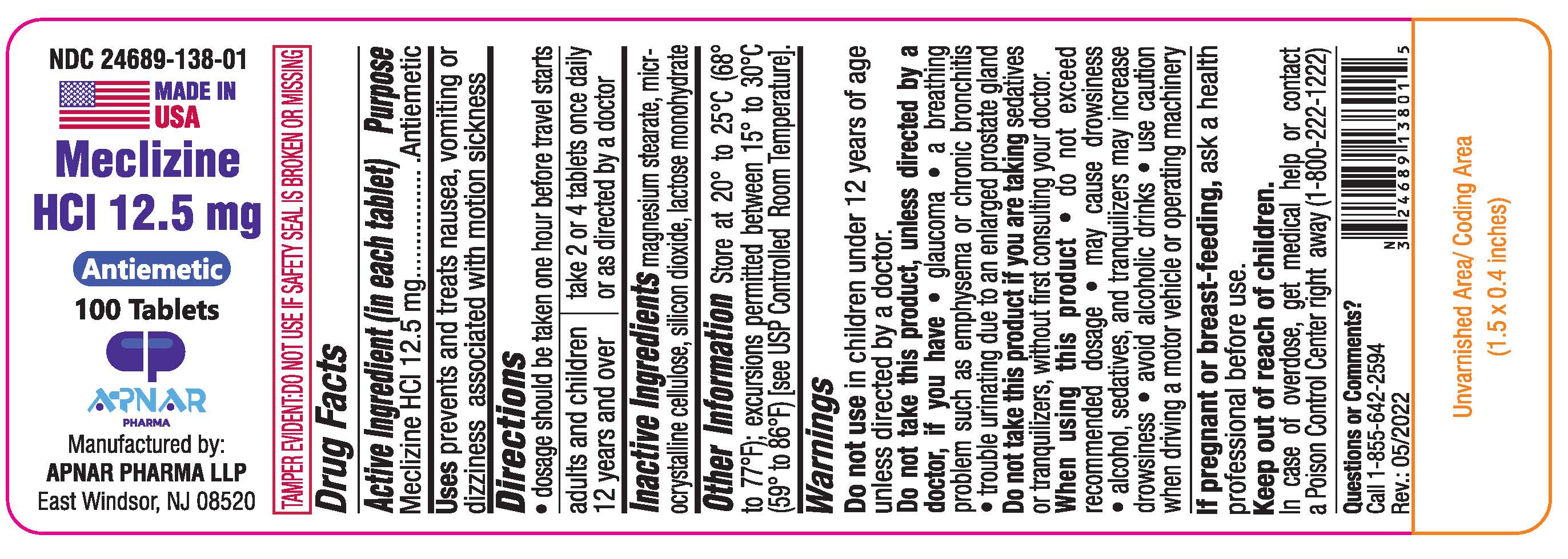 Meclizine HCl 12.5 mg tablets -100s