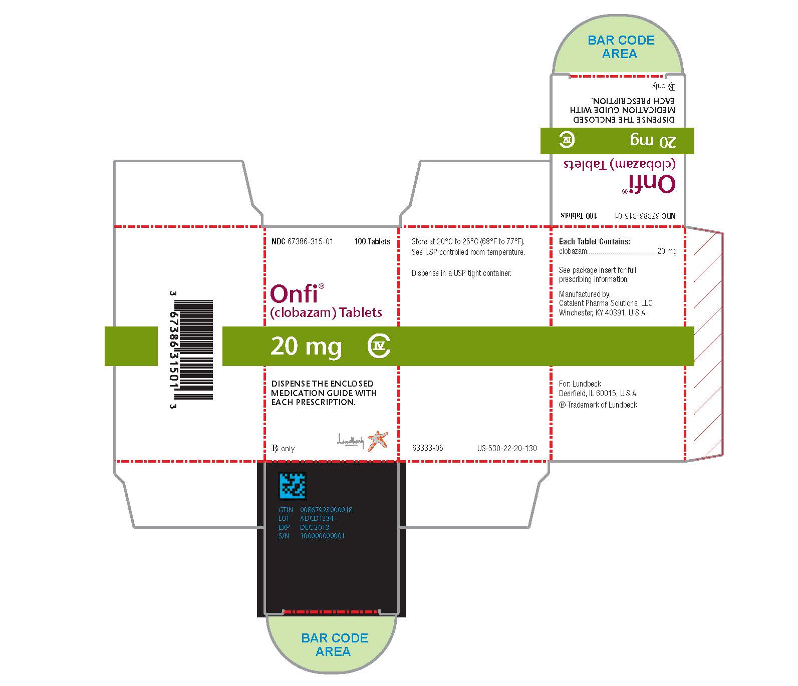 NDC 67386-315-01 100 Tablets Onfi® (clobazam) Tablets 20 mg C-IV DISPENSE THE ENCLOSED MEDICATION GUIDE WITH EACH PRESCRIPTION. Rx only