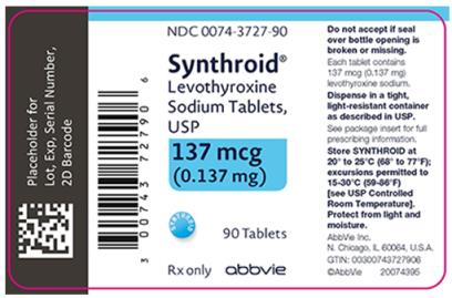 NDC 0074-3727-90 
Synthroid®
Levothyroxine 
Sodium Tablets, 
USP 
137 mcg 
(0.137 mg) 
90 Tablets 
Rx only abbvie 
