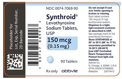 NDC 0074-7069-90 
Synthroid®
Levothyroxine 
Sodium Tablets, 
USP 
150 mcg 
(0.15 mg) 
90 Tablets 
Rx only abbvie 
