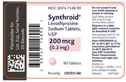 NDC 0074-7148-90 
Synthroid®
Levothyroxine 
Sodium Tablets, 
USP 
200 mcg 
(0.2 mg) 
90 Tablets 
Rx only abbvie 
